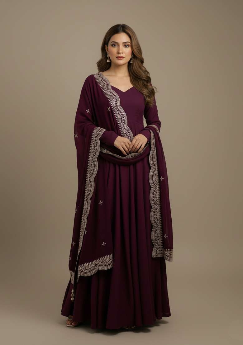 Wine Embroidered Silk Blend Kurta Set - Indya