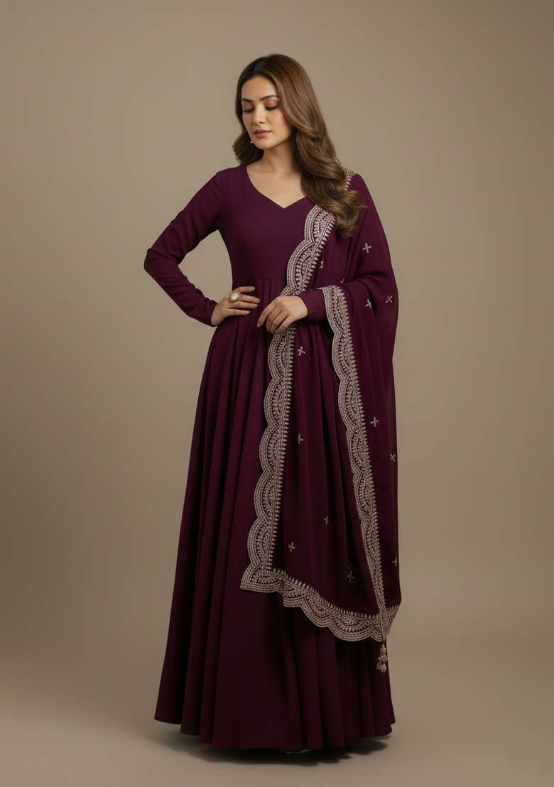 Wine Embroidered Silk Blend Kurta Set - Indya