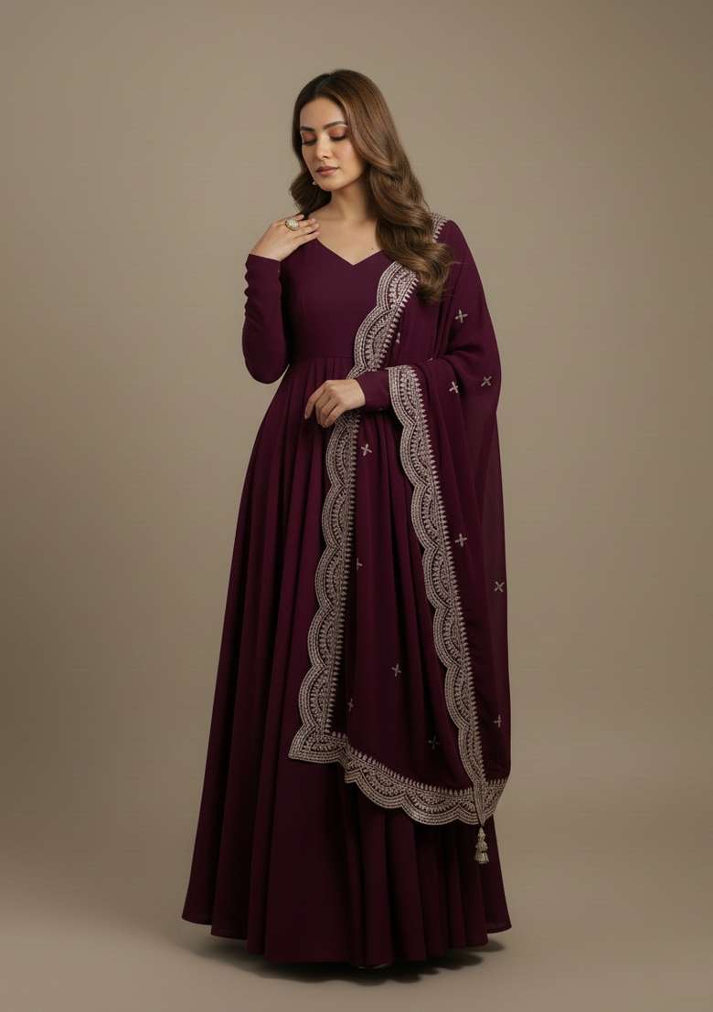 Wine Embroidered Silk Blend Kurta Set - Indya