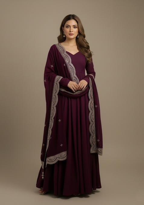 Wine Embroidered Silk Kurta Set