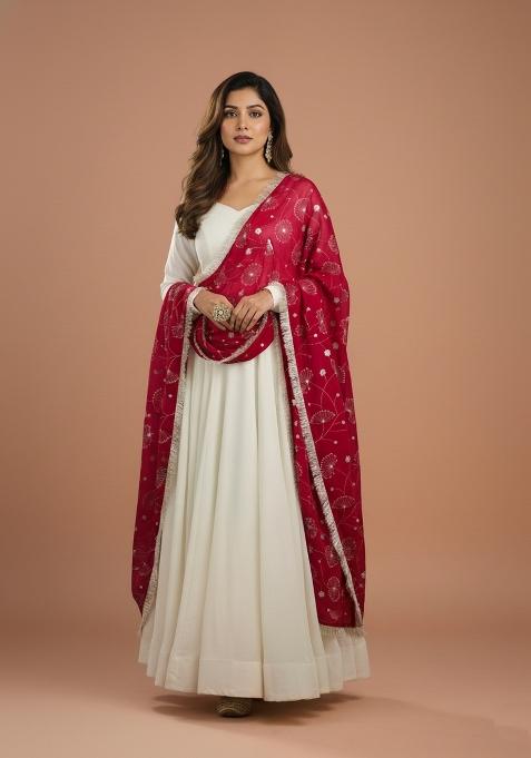 Cream And Rani Pink Embroidered Silk Kurta Set