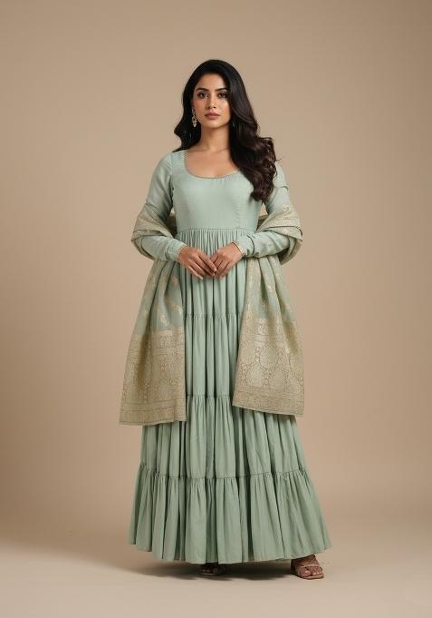 Pista Jacquard Work Silk Kurta Set