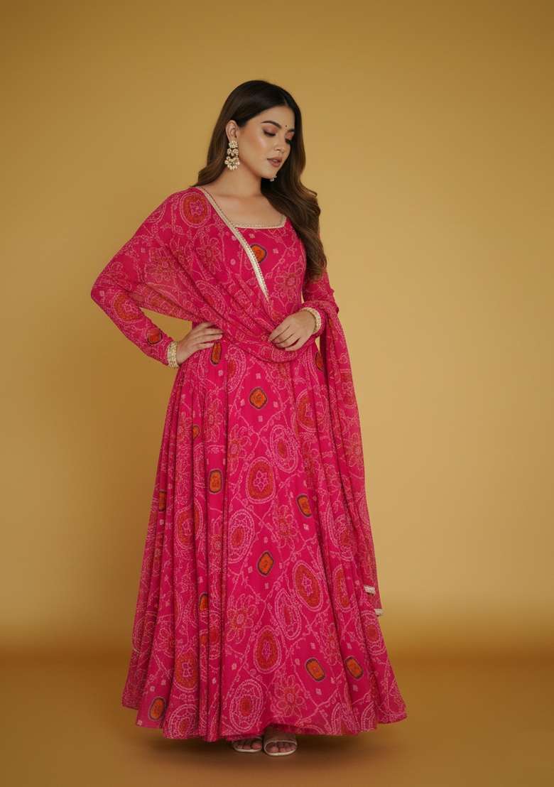 Rani Pink Printed Chiffon Kurta Set - Indya