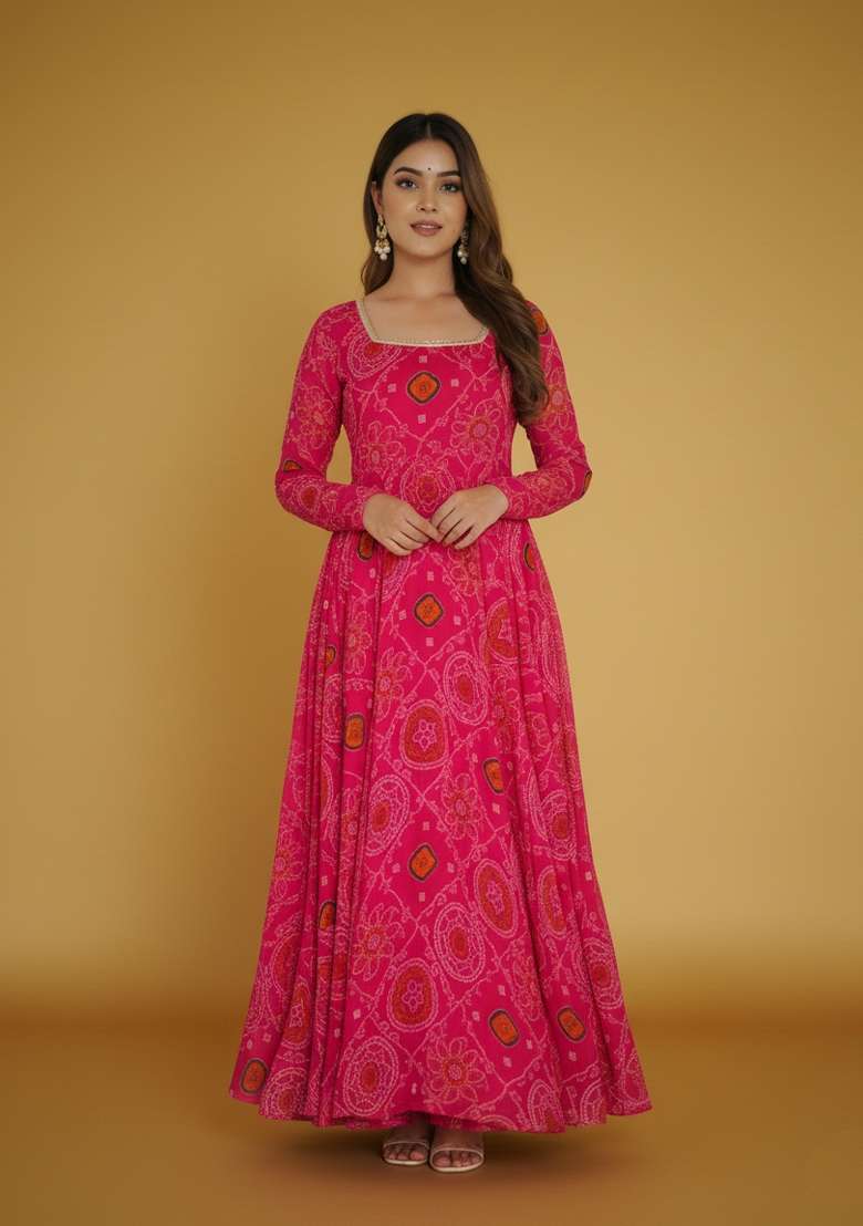 Rani Pink Printed Chiffon Kurta Set - Indya