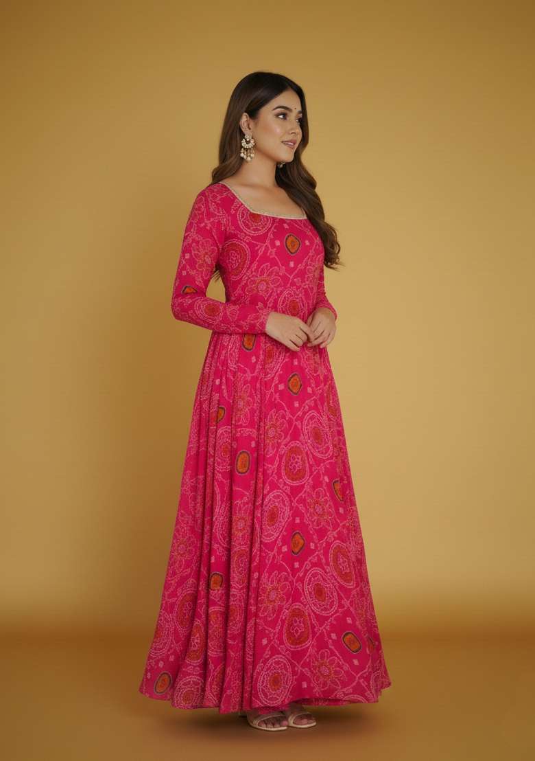 Rani Pink Printed Chiffon Kurta Set - Indya