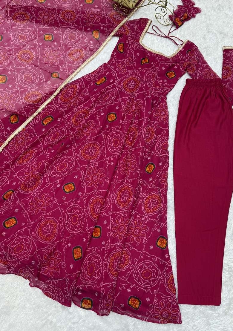 Rani Pink Printed Chiffon Kurta Set - Indya