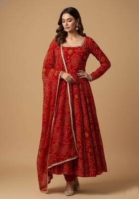 Red Printed Chiffon Kurta Set