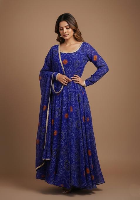 Royal Blue Printed Chiffon Kurta Set