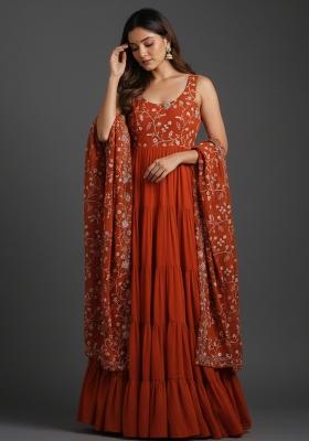 Orange Embroidered Georgette Kurta Set