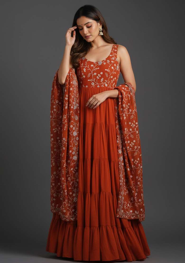 Orange Embroidered Georgette Kurta Set - Indya