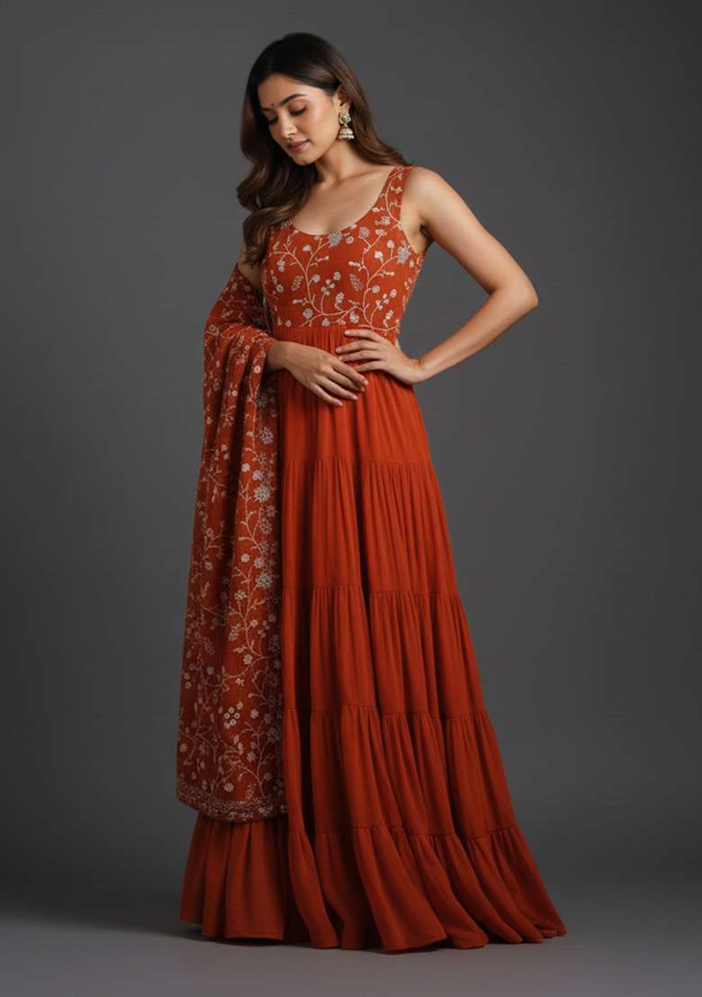 Orange Embroidered Georgette Kurta Set - Indya