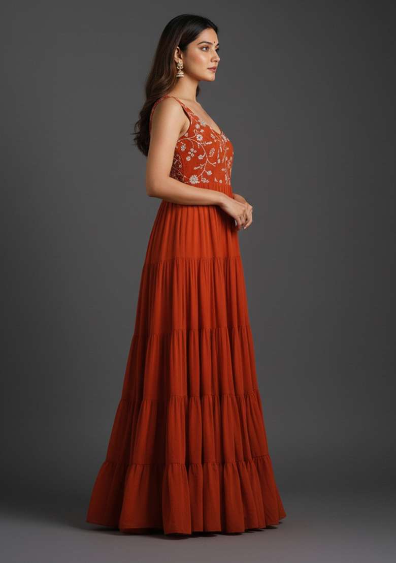 Orange Embroidered Georgette Kurta Set - Indya