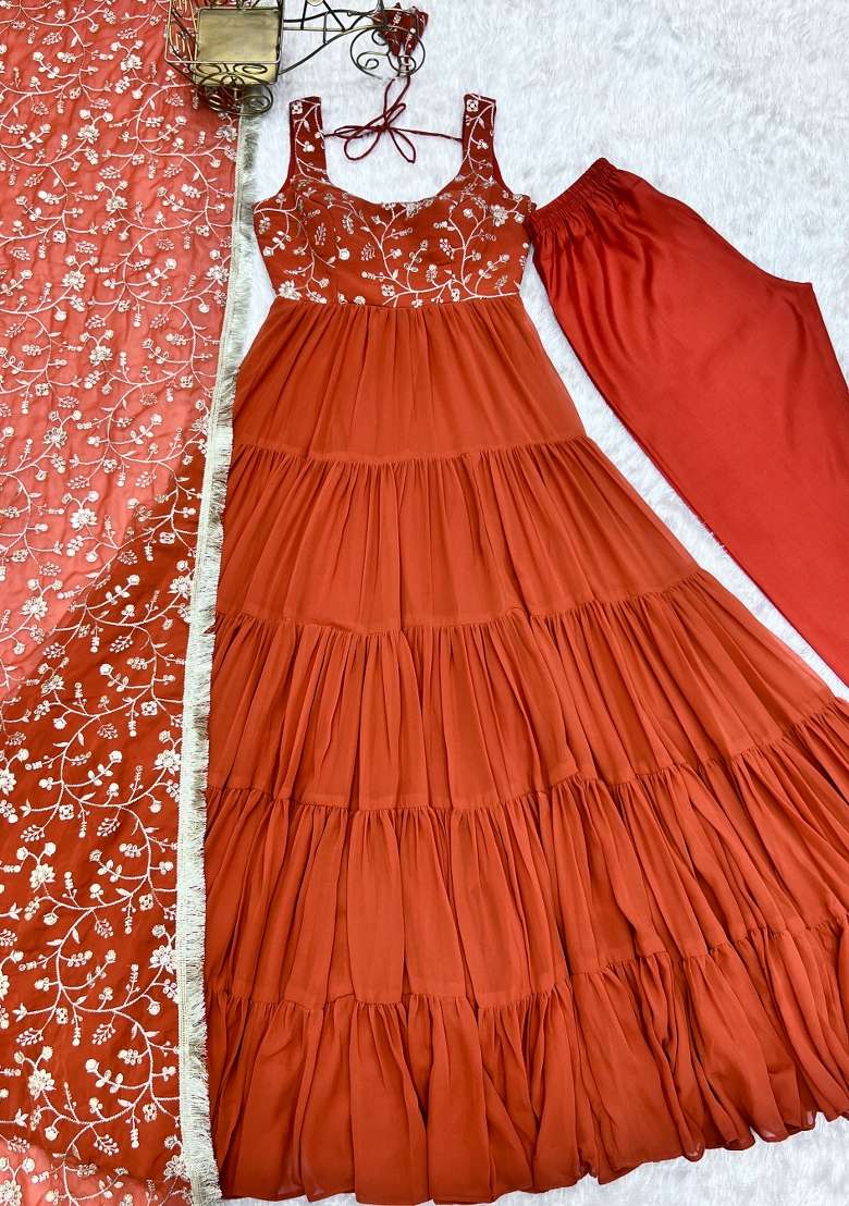 Orange Embroidered Georgette Kurta Set - Indya