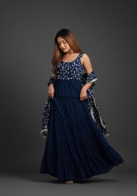 Teal Embroidered Georgette Kurta Set