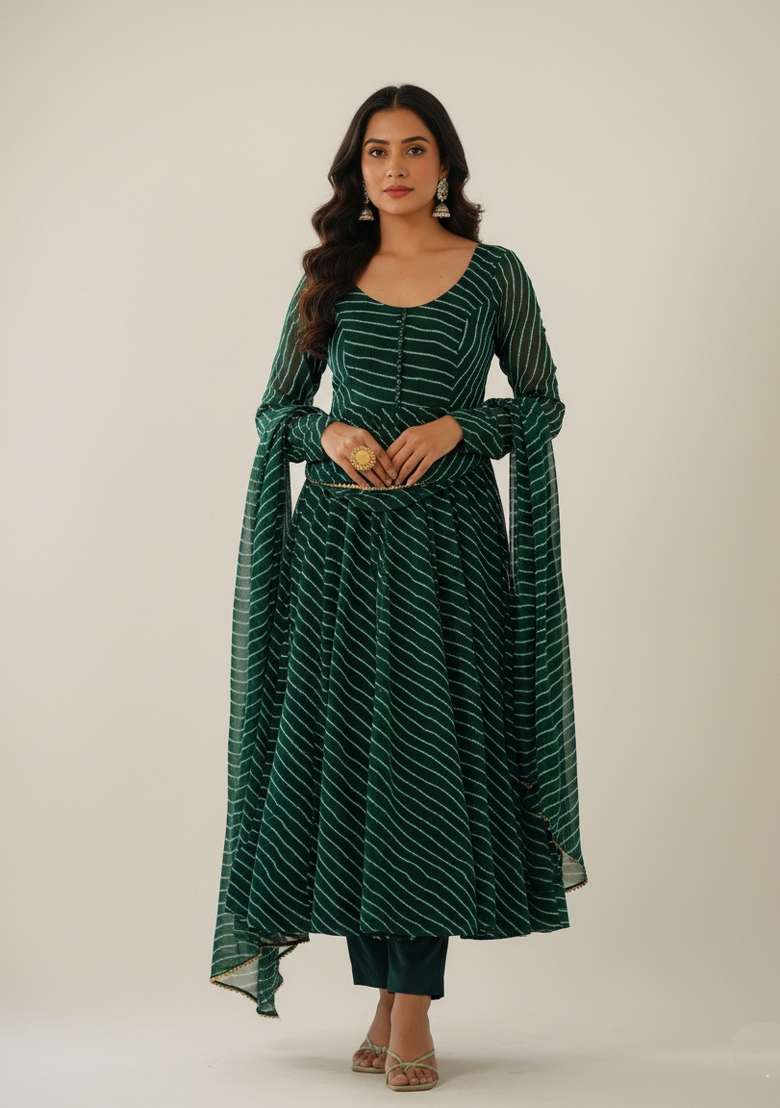 Green Printed Georgette Kurta Set - Indya