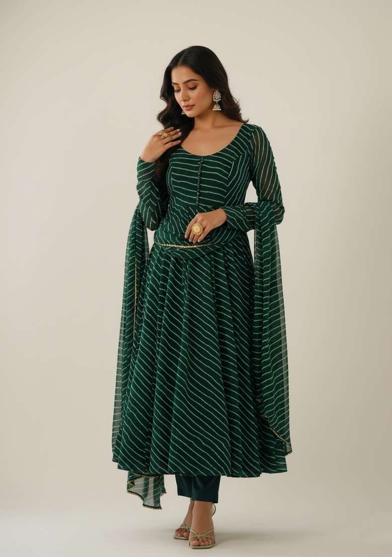 Green Printed Georgette Kurta Set - Indya