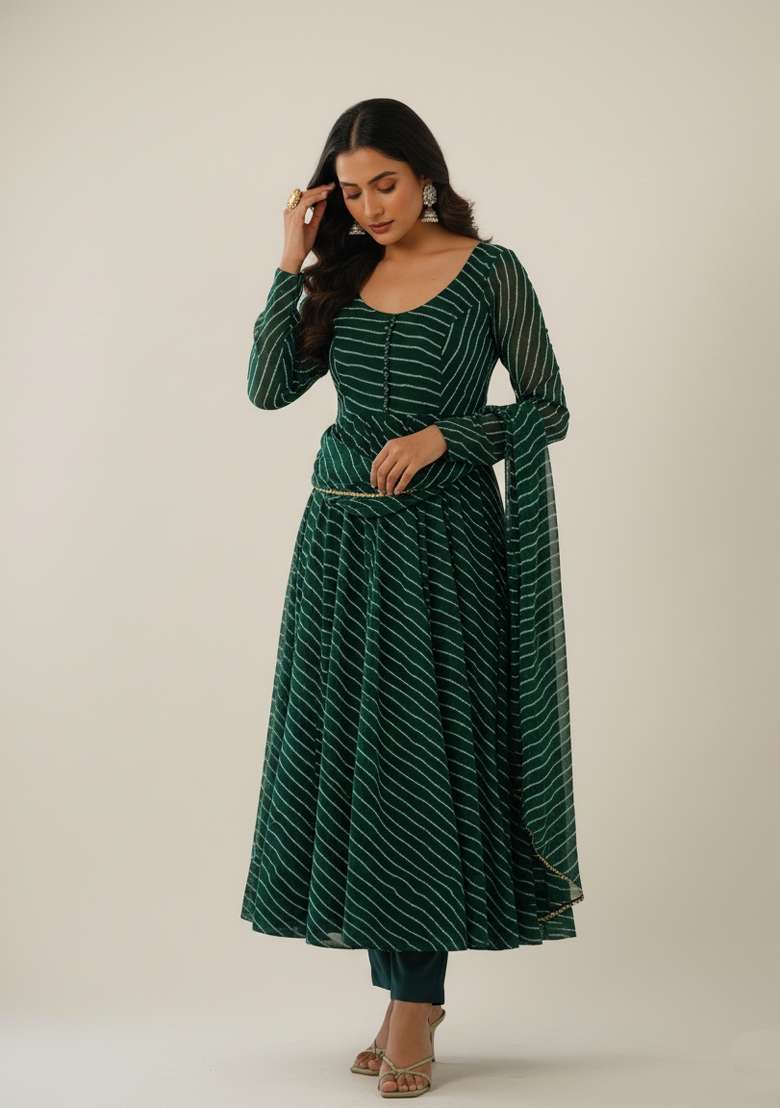 Green Printed Georgette Kurta Set - Indya