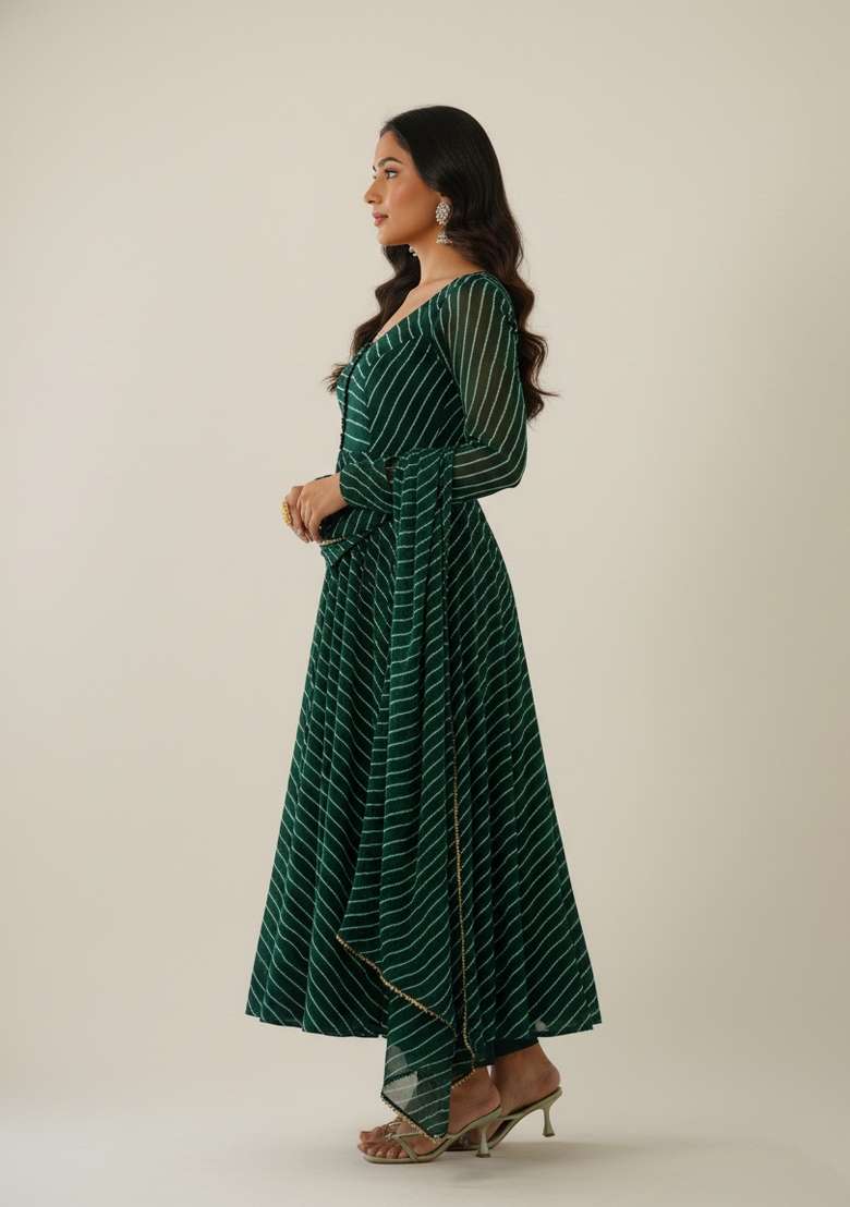 Green Printed Georgette Kurta Set - Indya