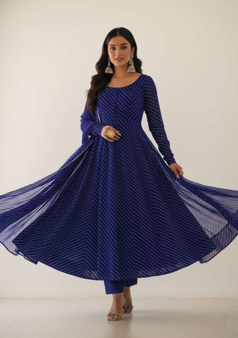 Royal Blue Printed Georgette Kurta Set - Indya