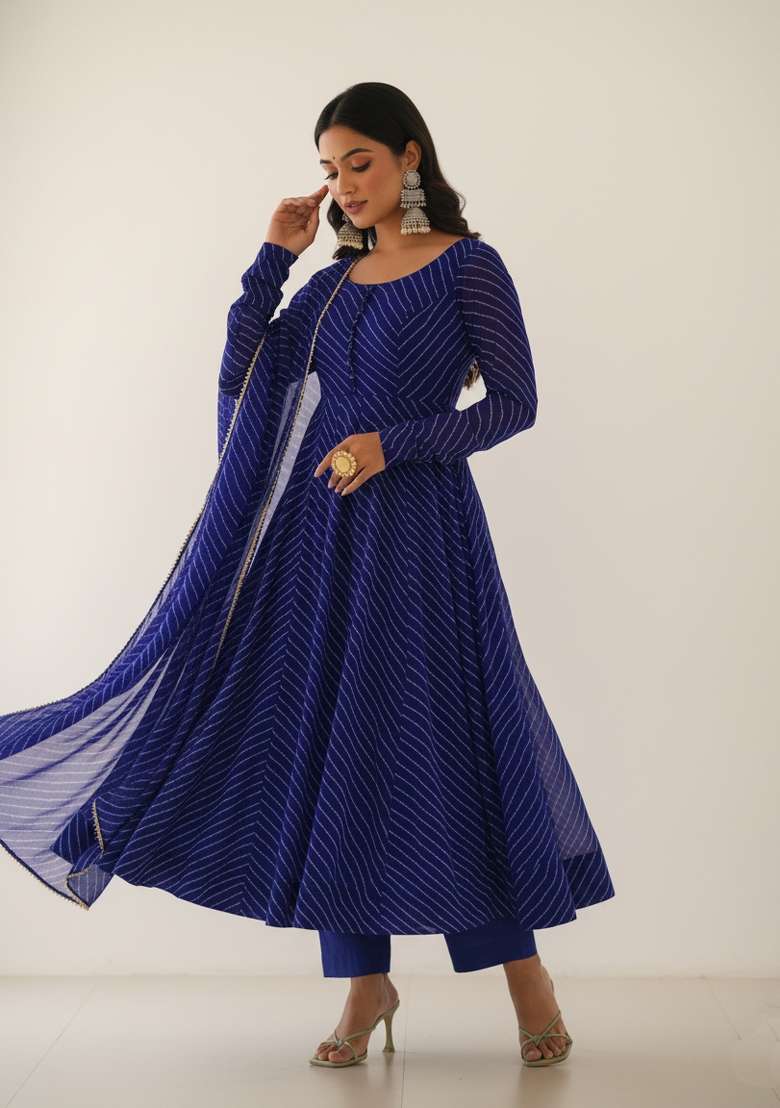 Royal Blue Printed Georgette Kurta Set - Indya