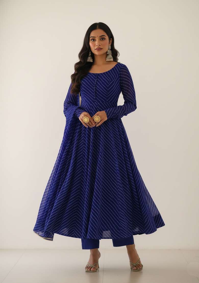 Royal Blue Printed Georgette Kurta Set - Indya