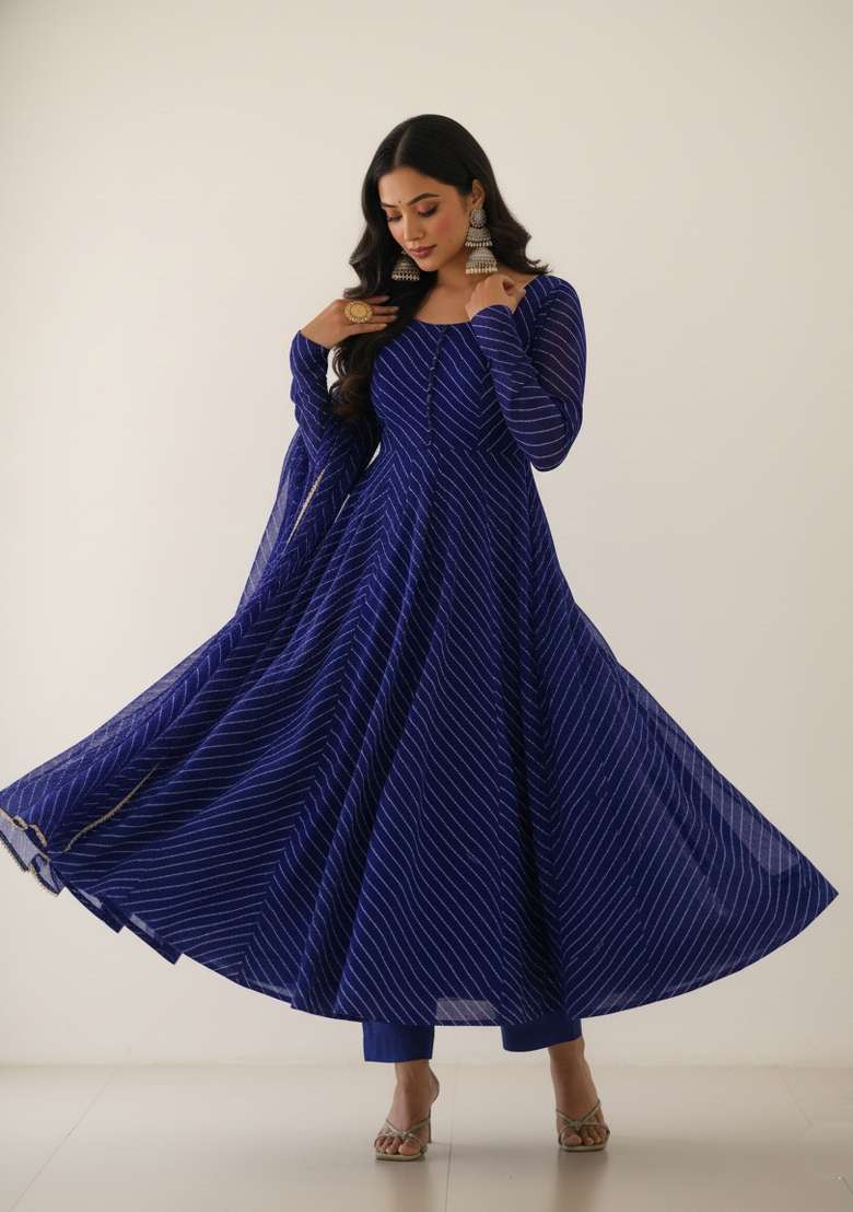 Royal Blue Printed Georgette Kurta Set - Indya