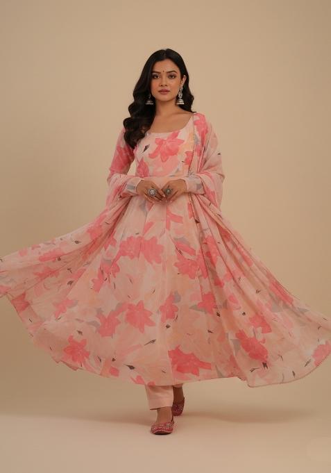 Peach Pink Printed Georgette Kurta Set