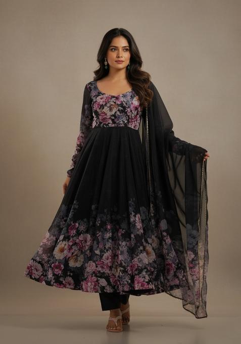 Black Printed Silk Kurta Set