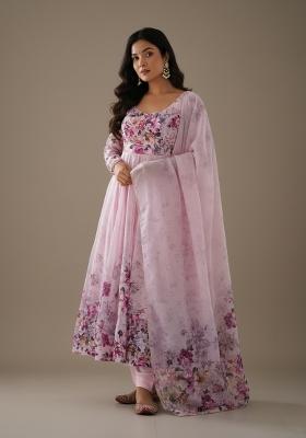 Pink Printed Silk Kurta Set