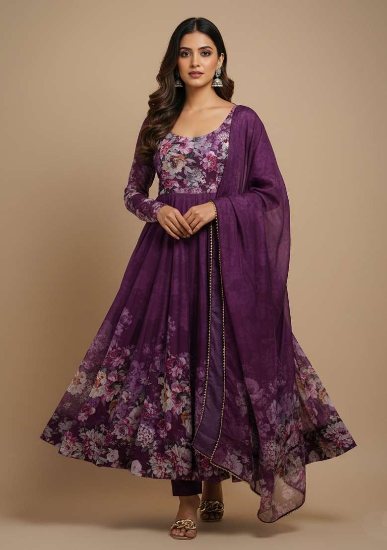 Wine Printed Silk Blend Kurta Set - Indya