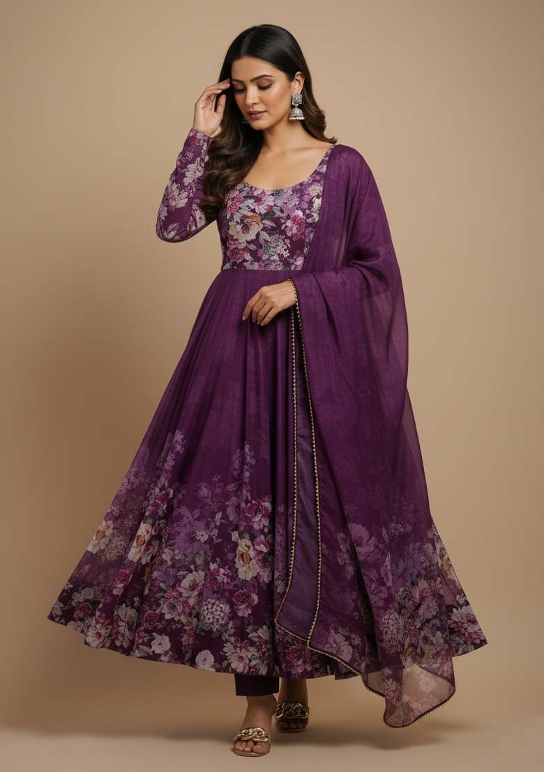 Wine Printed Silk Blend Kurta Set - Indya