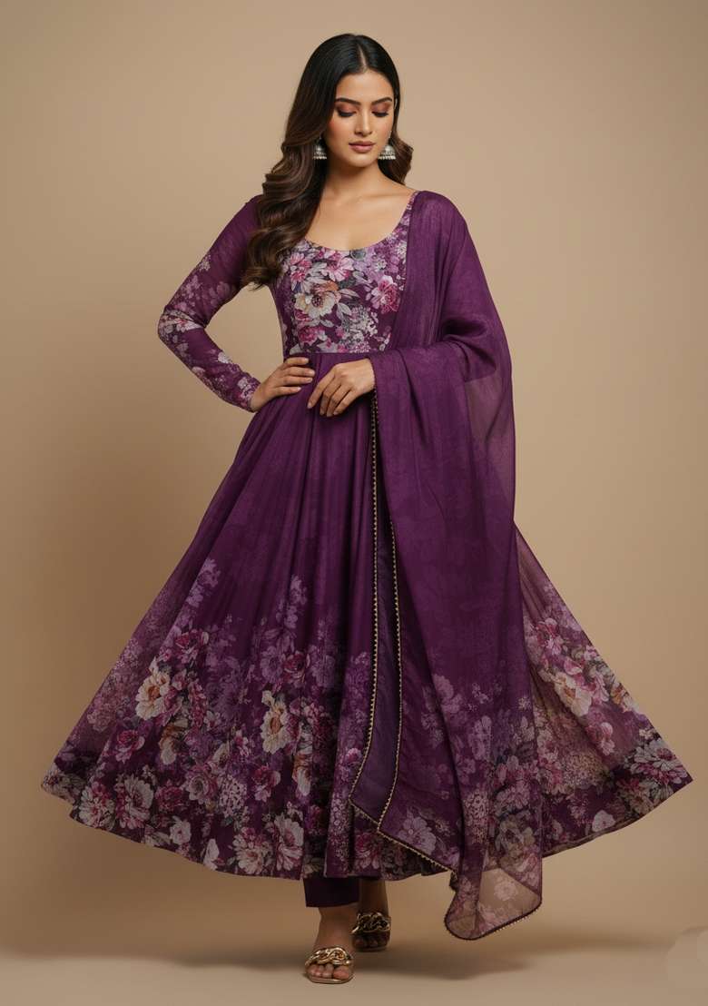Wine Printed Silk Blend Kurta Set - Indya