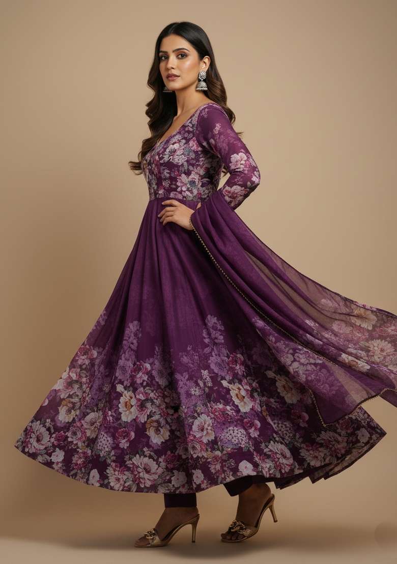 Wine Printed Silk Blend Kurta Set - Indya