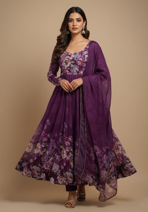 Wine Printed Silk Kurta Set