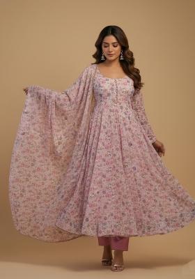 Pink Printed Chiffon Kurta Set