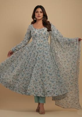 Sky Blue Printed Chiffon Kurta Set