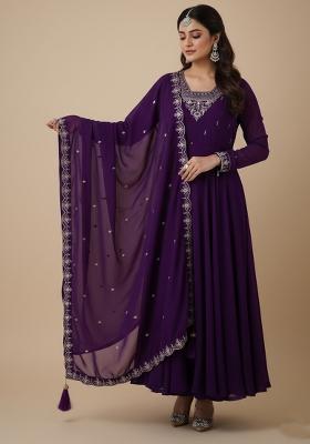 Purple Embroidered Georgette Kurta Set