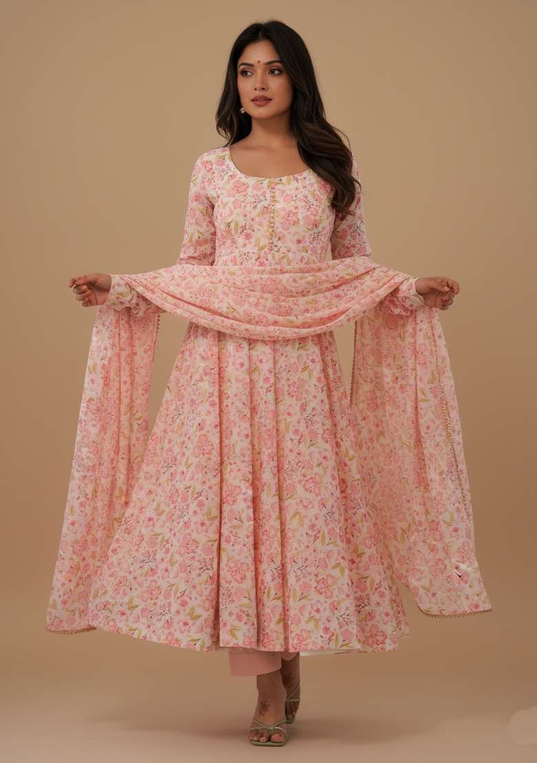 Multicolor Printed Chiffon Kurta Set - Indya