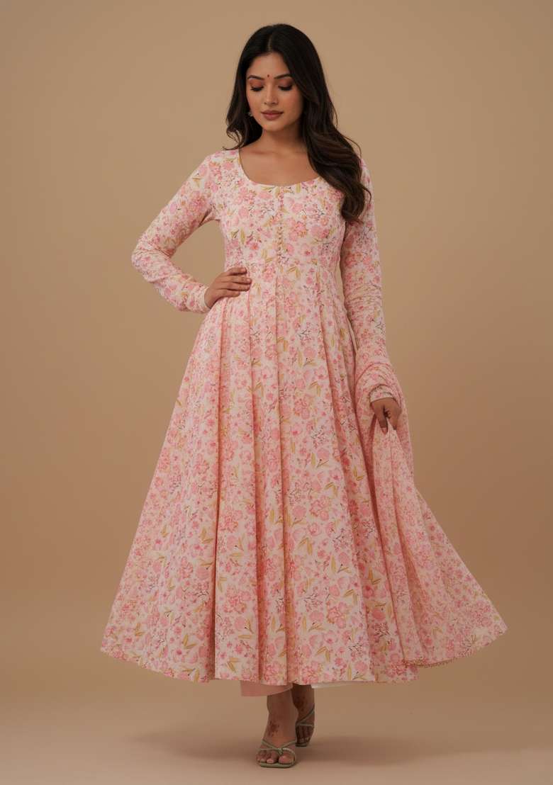Multicolor Printed Chiffon Kurta Set - Indya