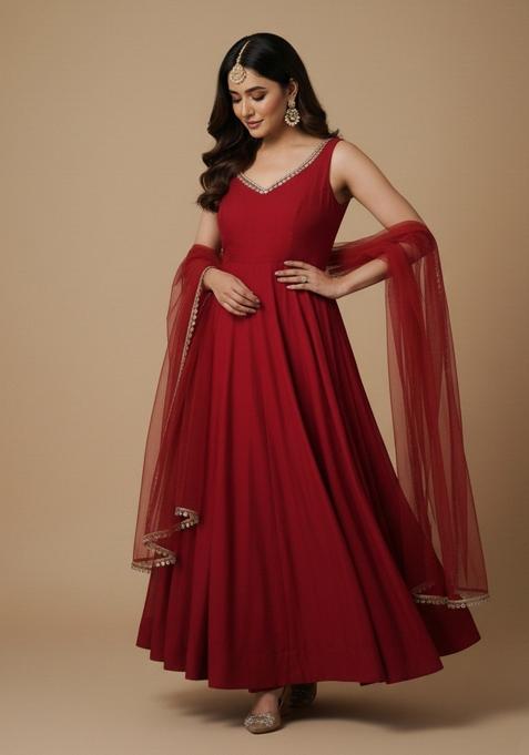 Maroon Embroidered Silk Kurta Set