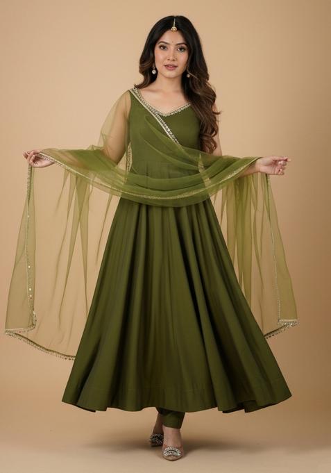 Mehendi Embroidered Silk Kurta Set