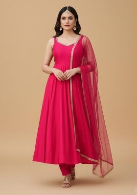 Rani Pink Embroidered Silk Kurta Set
