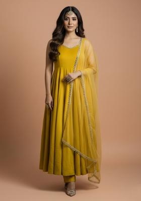 Yellow Embroidered Silk Kurta Set