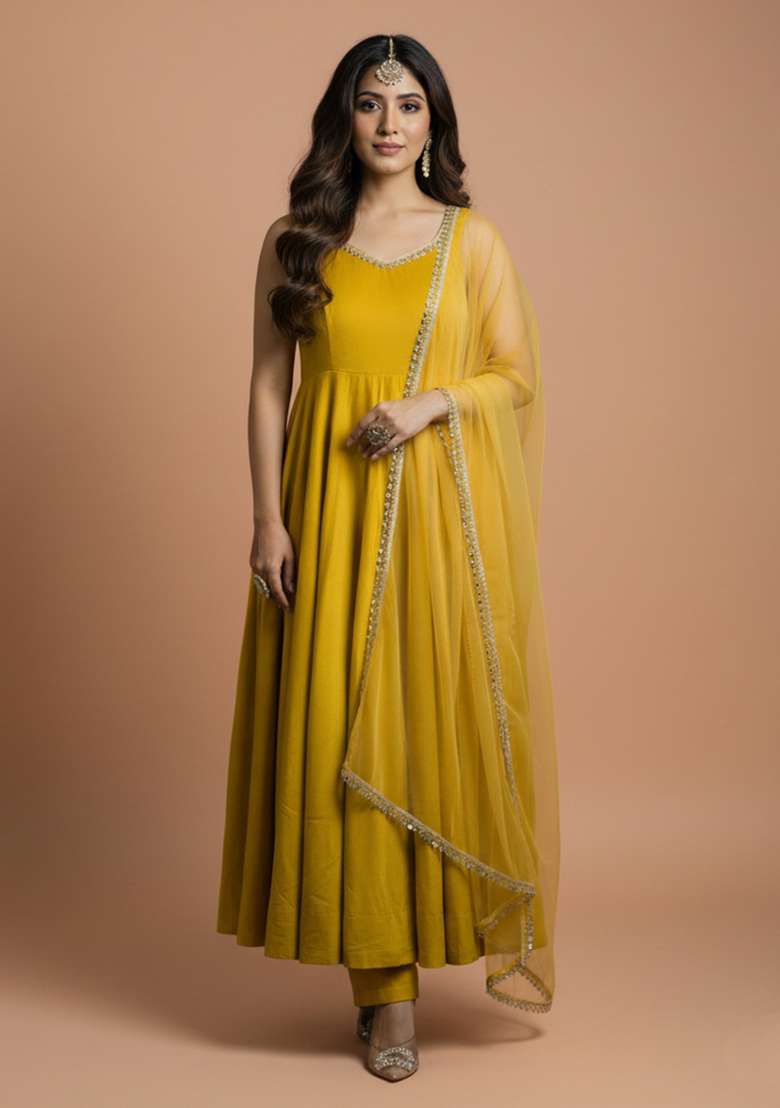 Yellow Embroidered Silk Blend Kurta Set - Indya