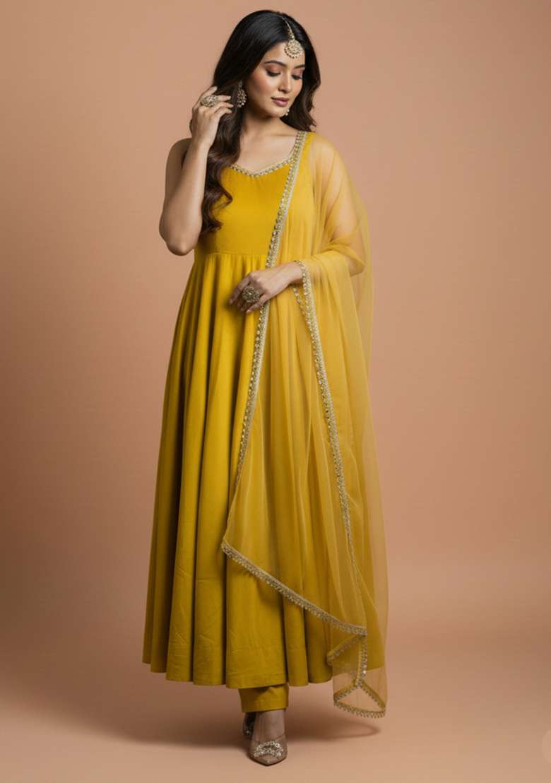 Yellow Embroidered Silk Blend Kurta Set - Indya