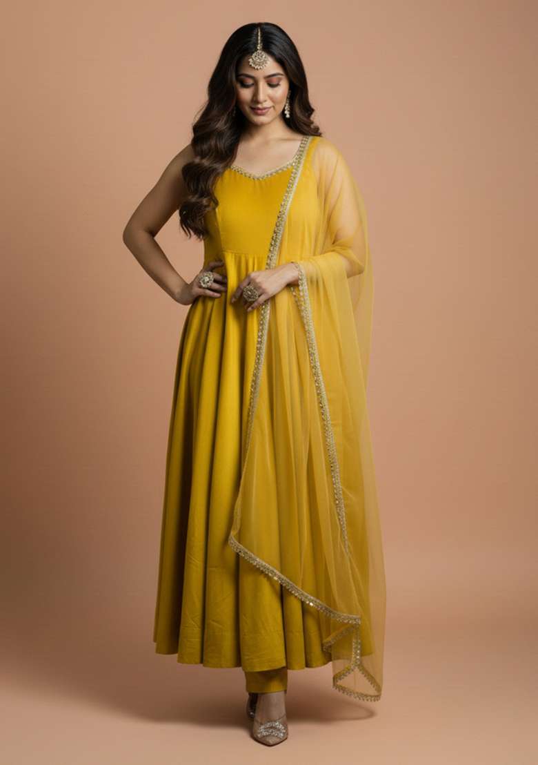 Yellow Embroidered Silk Blend Kurta Set - Indya
