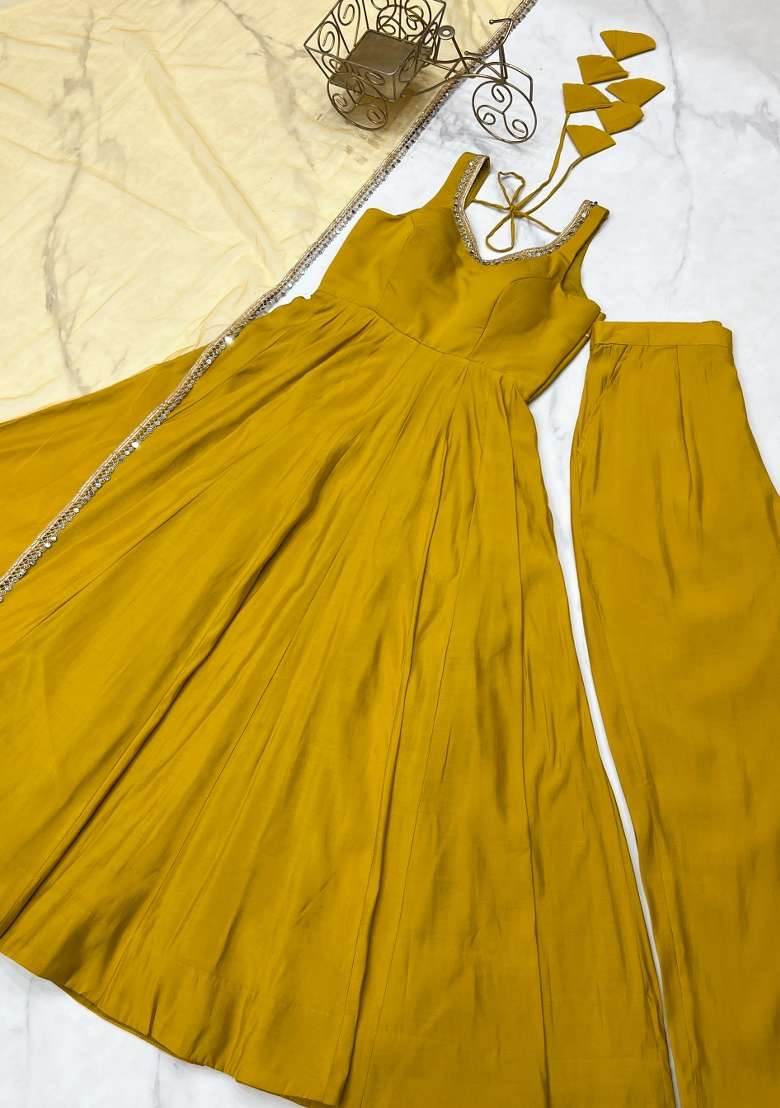 Yellow Embroidered Silk Blend Kurta Set - Indya