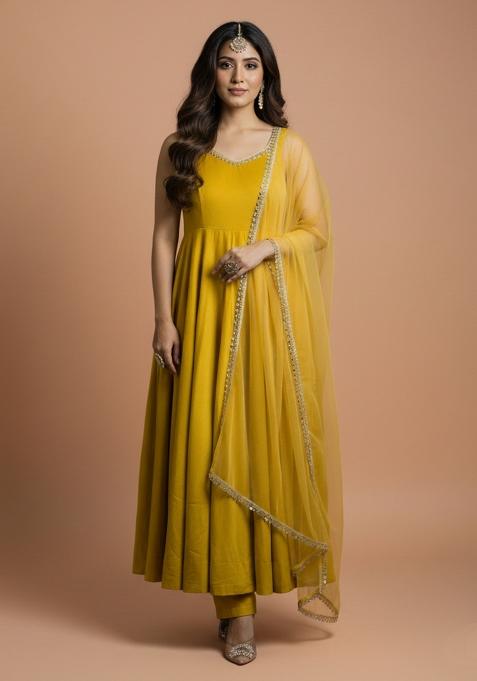 Yellow Embroidered Silk Kurta Set