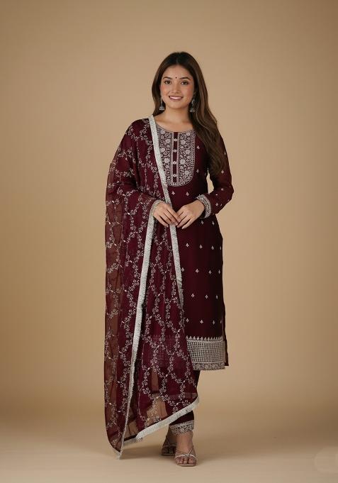 Maroon Embroidered Silk Kurta Set
