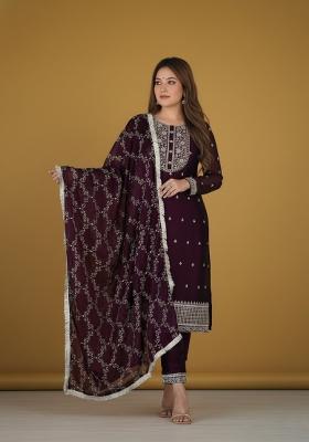 Wine Embroidered Silk Kurta Set